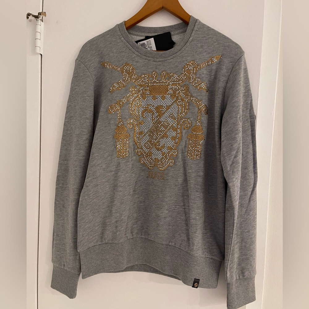 Avenue George V Paris Sweatshirt Men's Gray Sweater GV Rhinestone Medium NWT